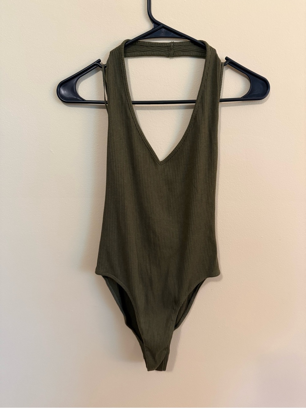 Urban Outfitters Olive Ribbed V-Neck One-Piece Bodysuit